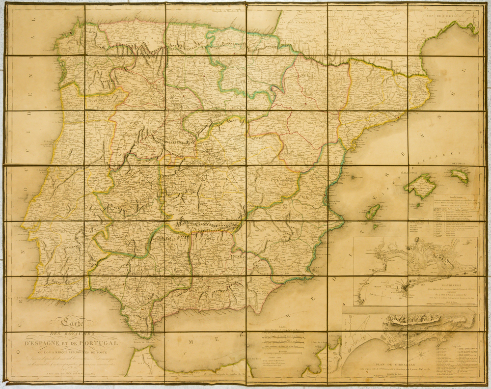 Carte des royaumes d`Espagne et de Portugal ou l'on a marqué les routes de poste