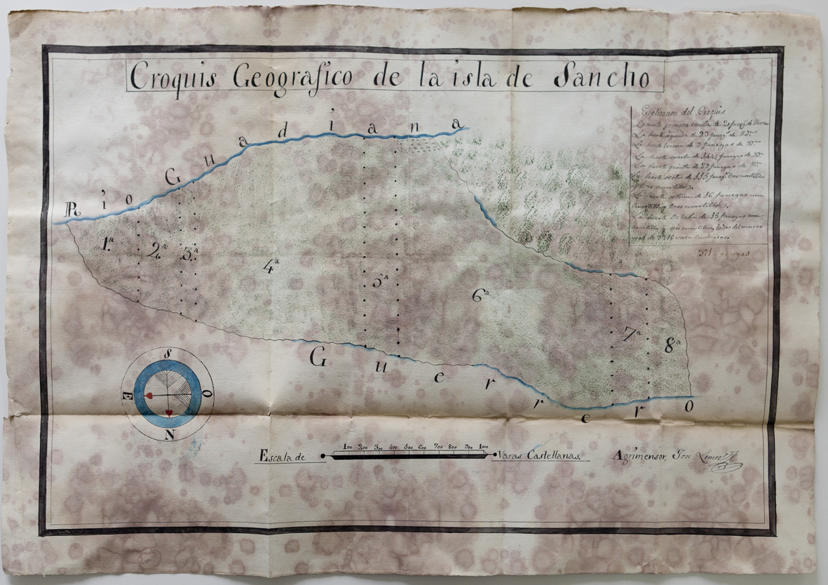 Croquis geográfico de la Isla de Sancho, situada entre el río Guadiana y el arroyo Guerrero