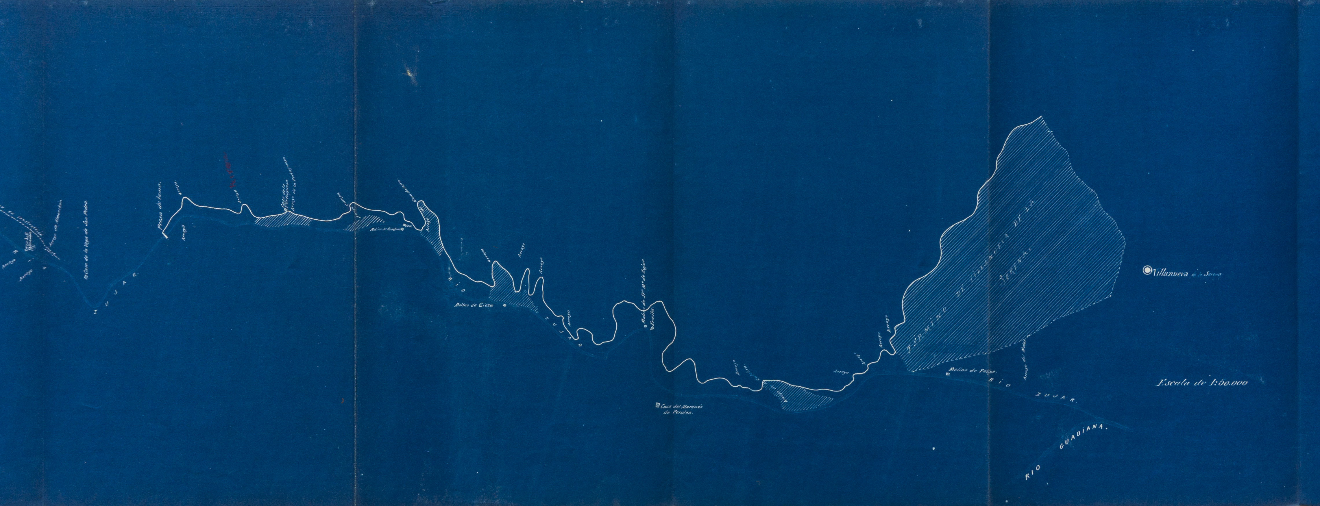 [Plano de la presa y perfil del pantano de Piedra Santa en el río Zújar]