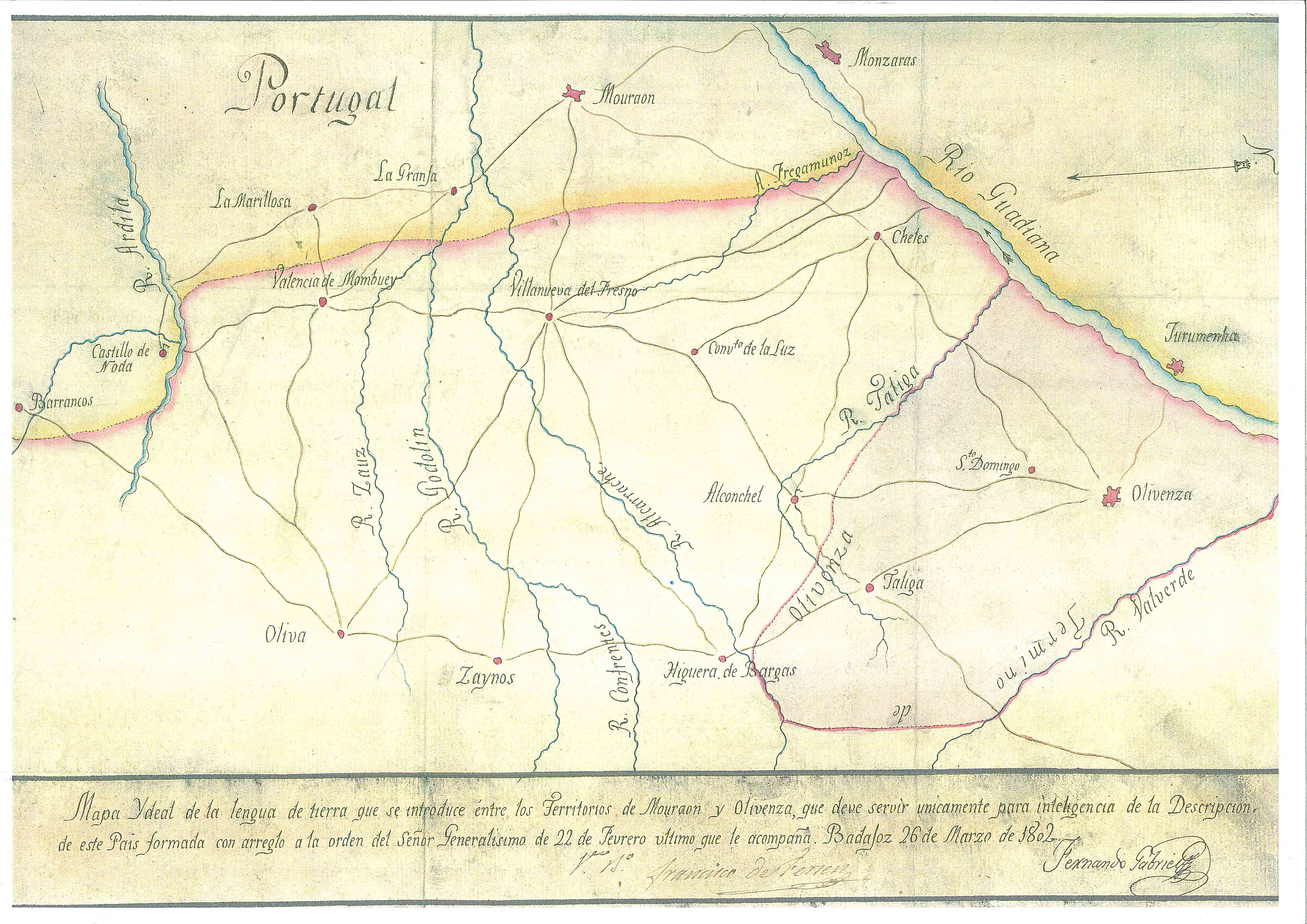 Mapa Ydeal de la lengua de tierra que se introduce entre los territorios de Mouraon y Olivenza...