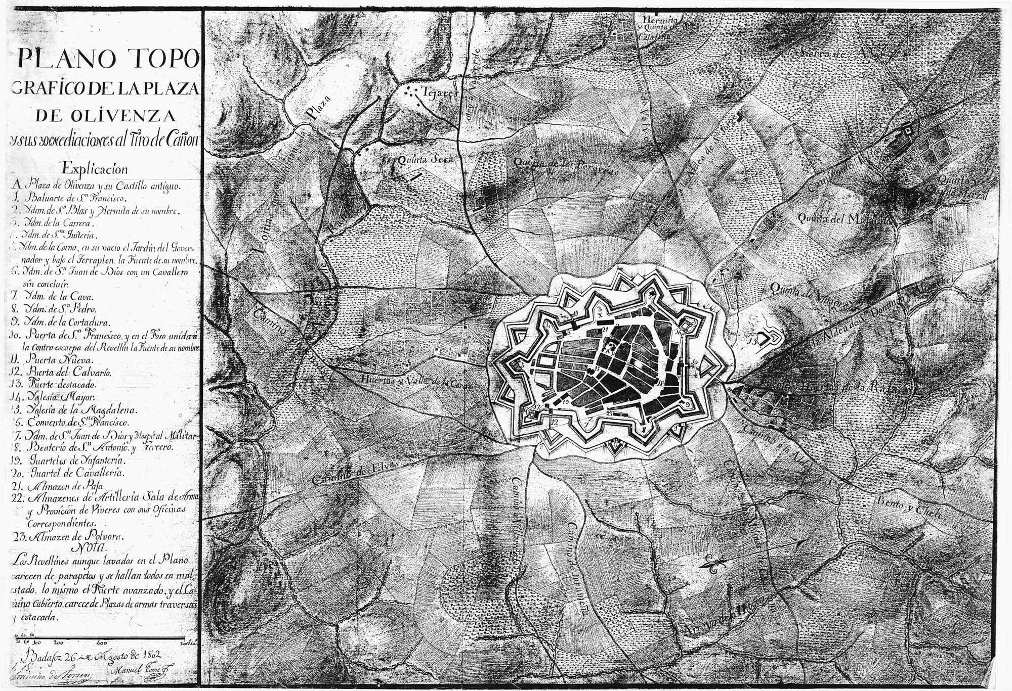 Plano topográfico de la plaza de Olivenza y sus inmediaciones al Tiro de Cañón