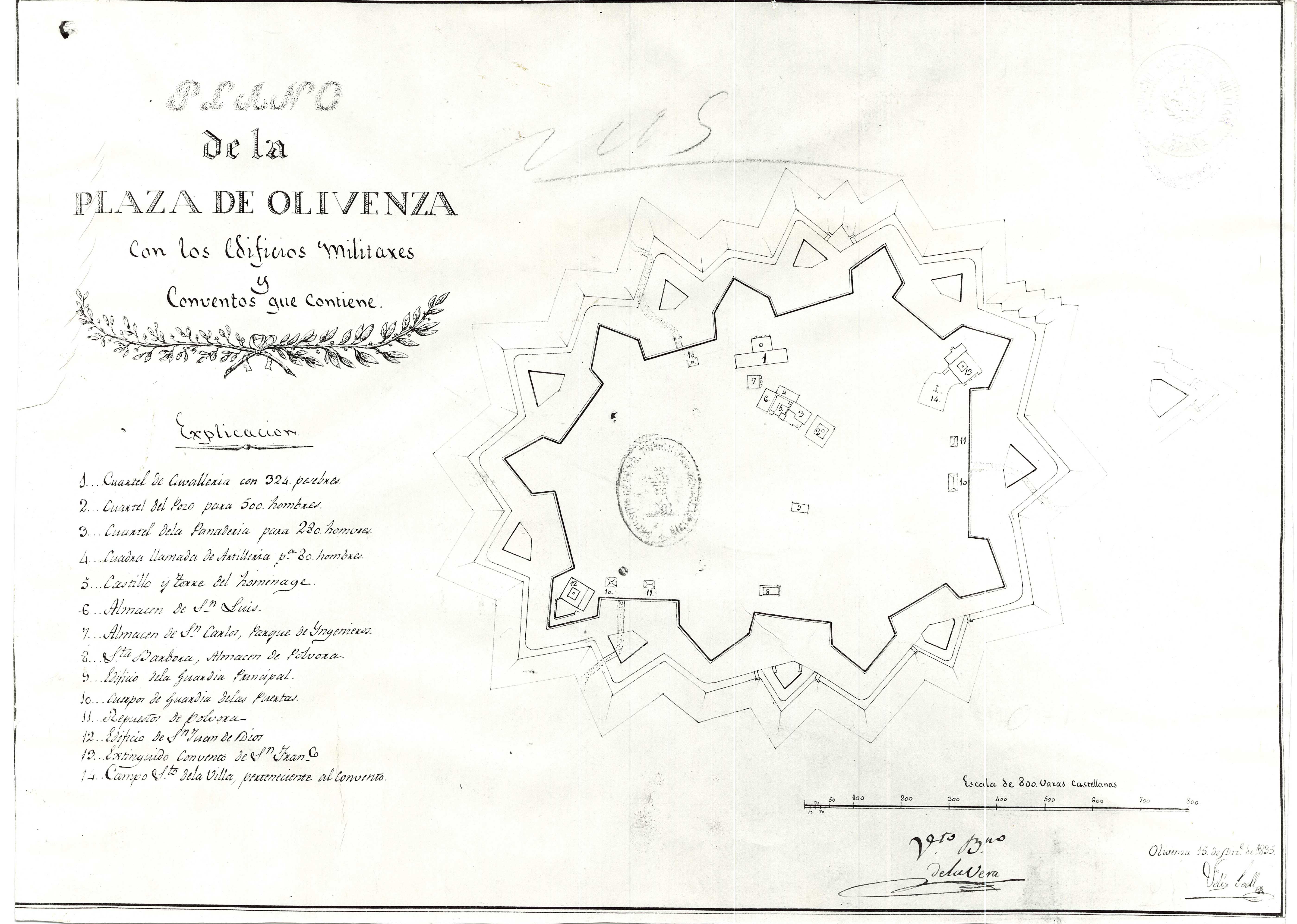 Plano de la Plaza de Olivenza con los edificios militares y conventos...