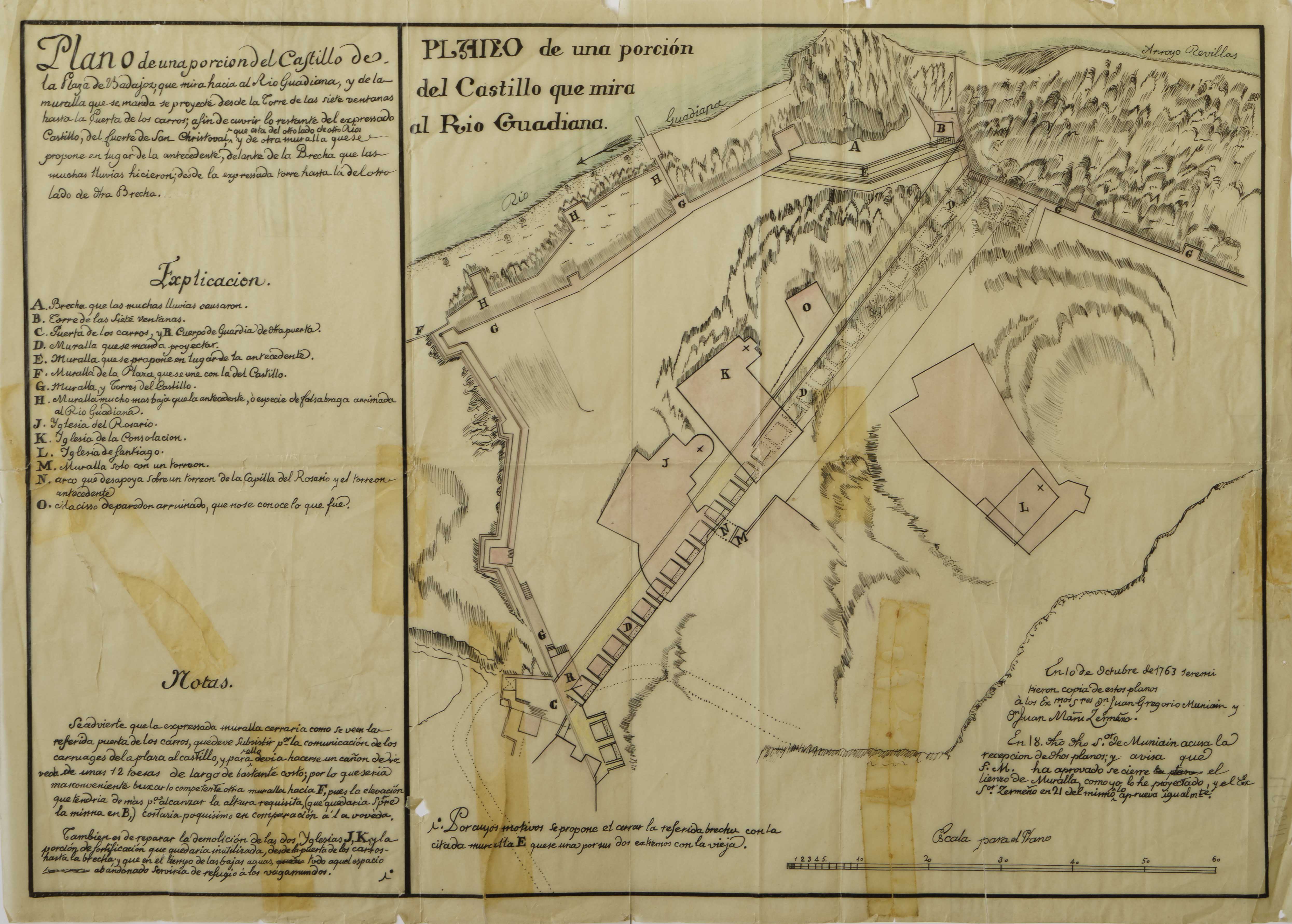 Plano de una porción del castillo que mira al Río Guadiana