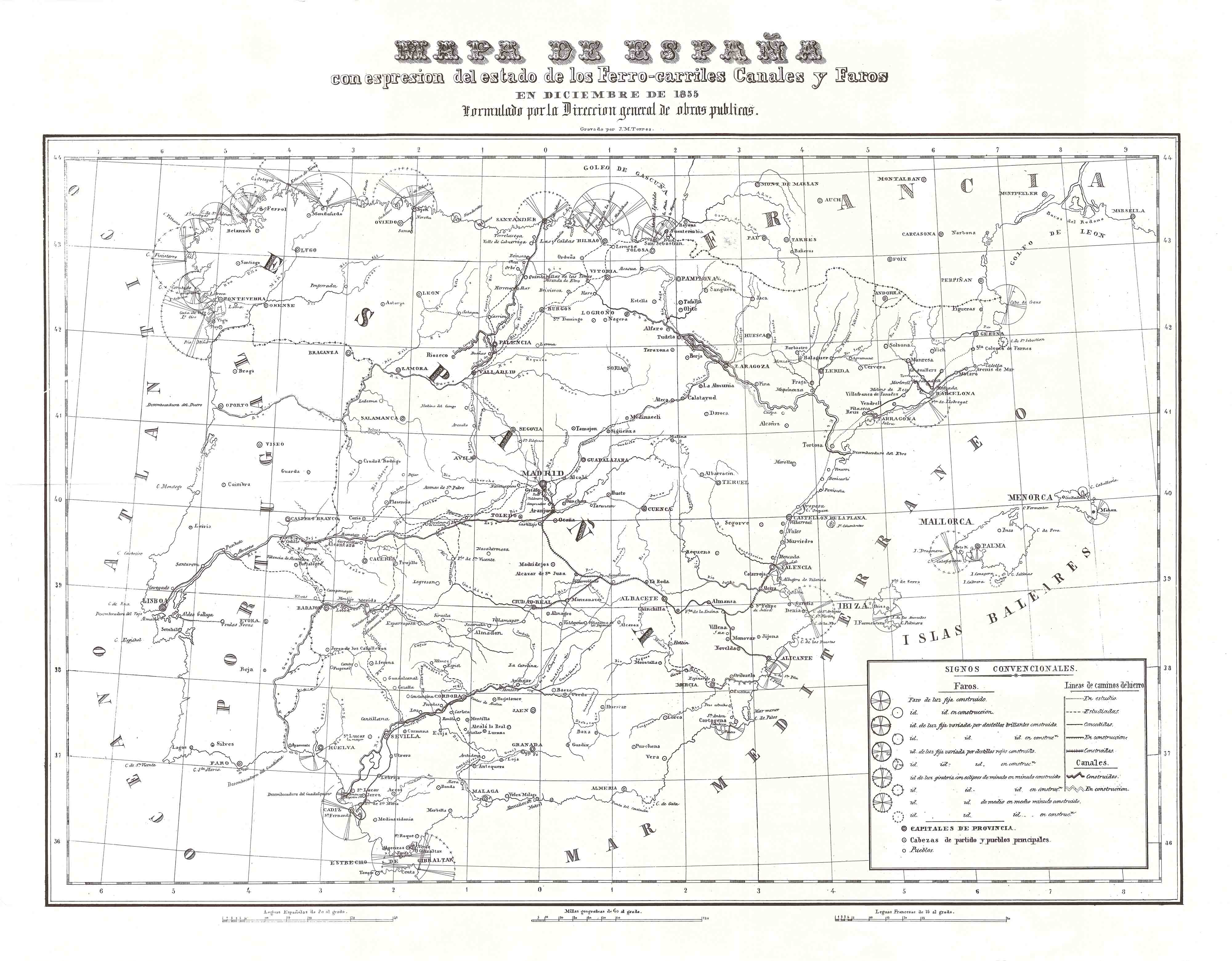 Mapa de España con espresion [sic] del estado de los Ferro-carriles Canales y Faros