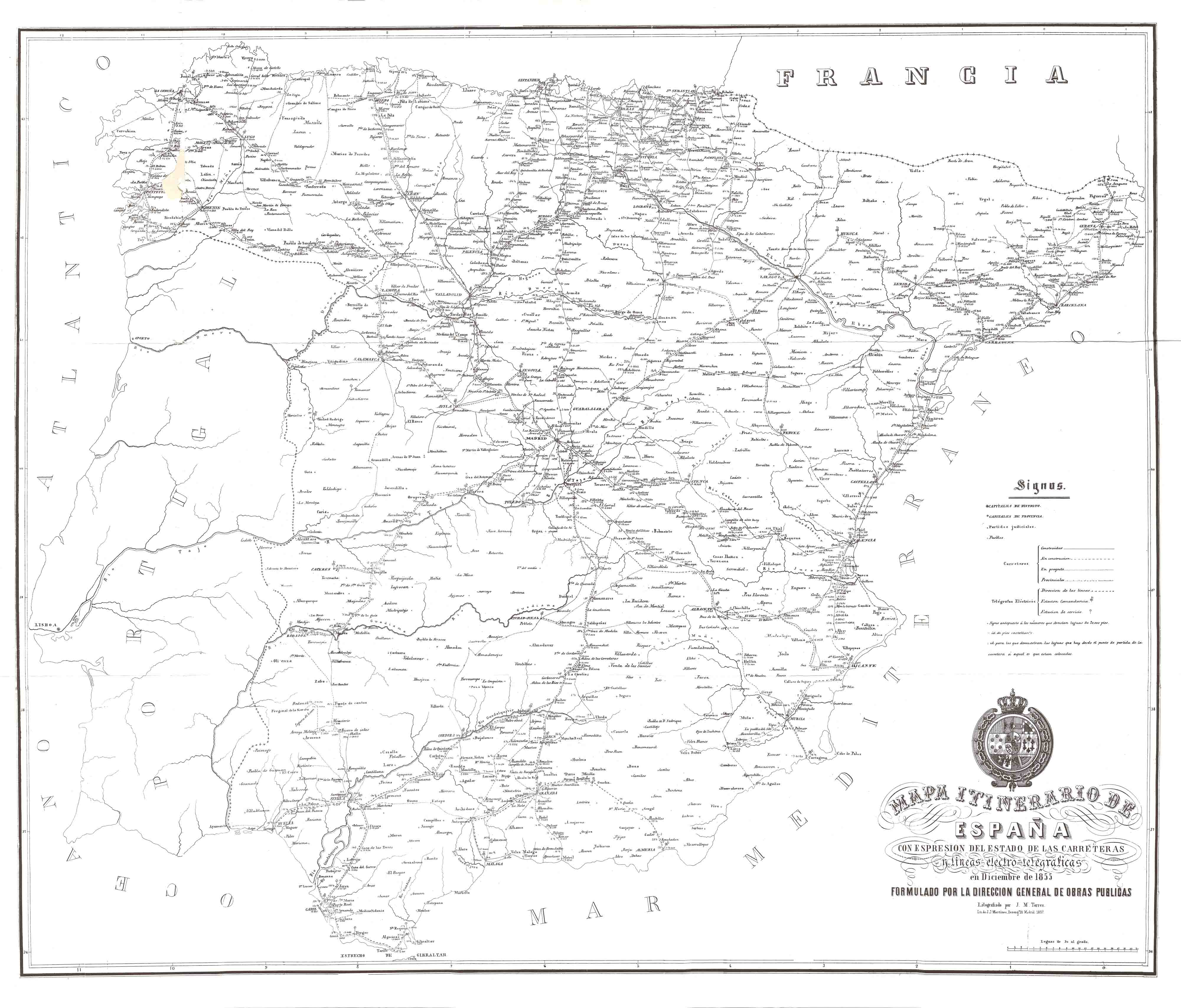 Mapa itinerario de España con espresión [sic] del Estado de las carreteras y líneas [...]