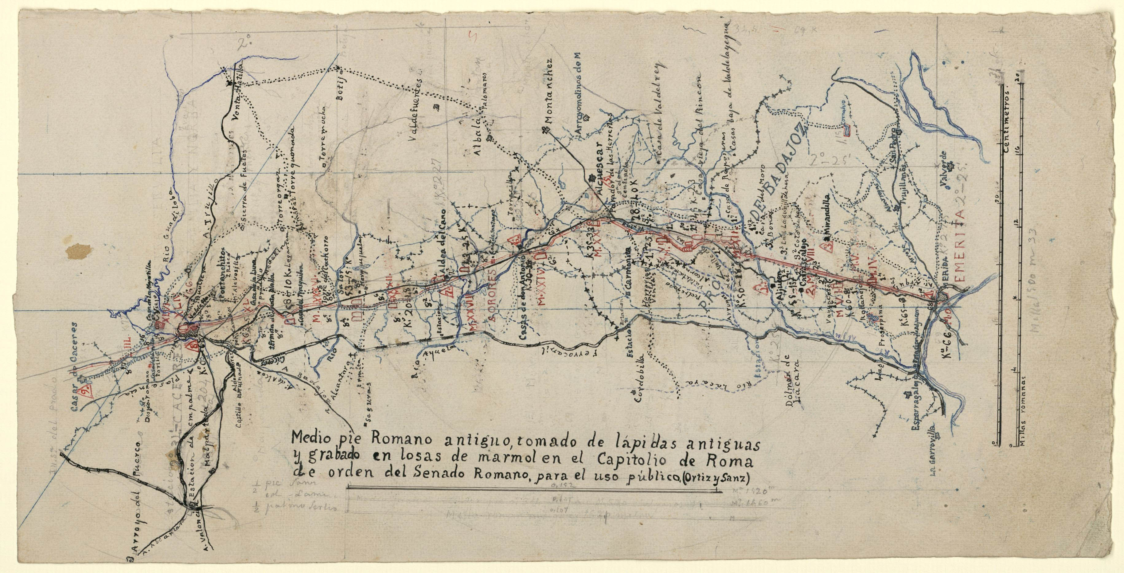 [Mapa de la calzada Vía de la Plata en el tramo entre Mérida y Baños de Montemayor]