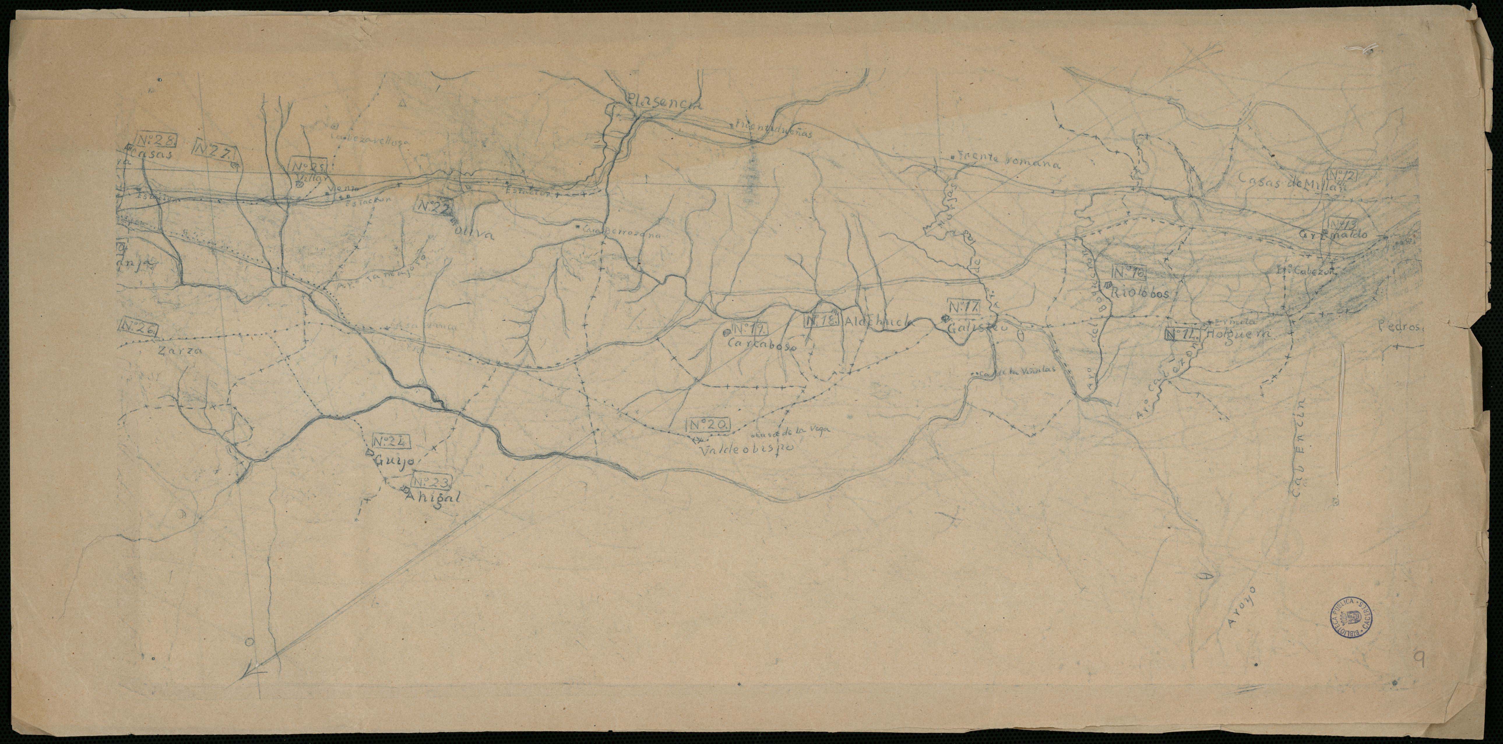 [Mapas de la calzada Vía de la Plata que describe el tramo entre Casas de Millán y Segura de Toro]