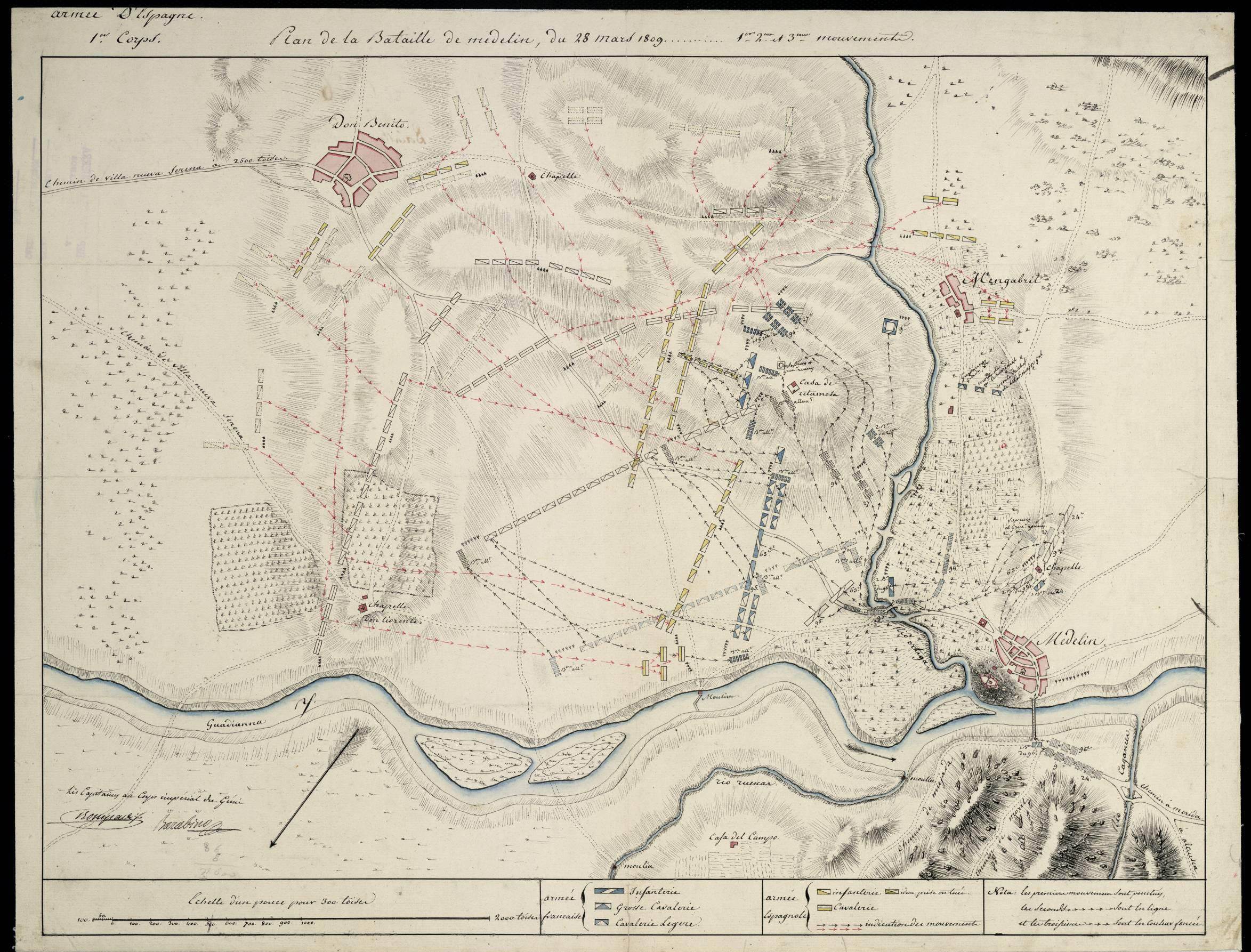 Plan de la Bataille de Medelin, du 28 mars 1809 : 1er 2eme et 3eme mouvements