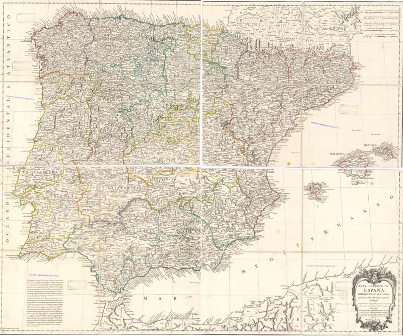 Mapa general de España, dividido en sus actuales provincias, islas adyacentes, y reyno de Portugal