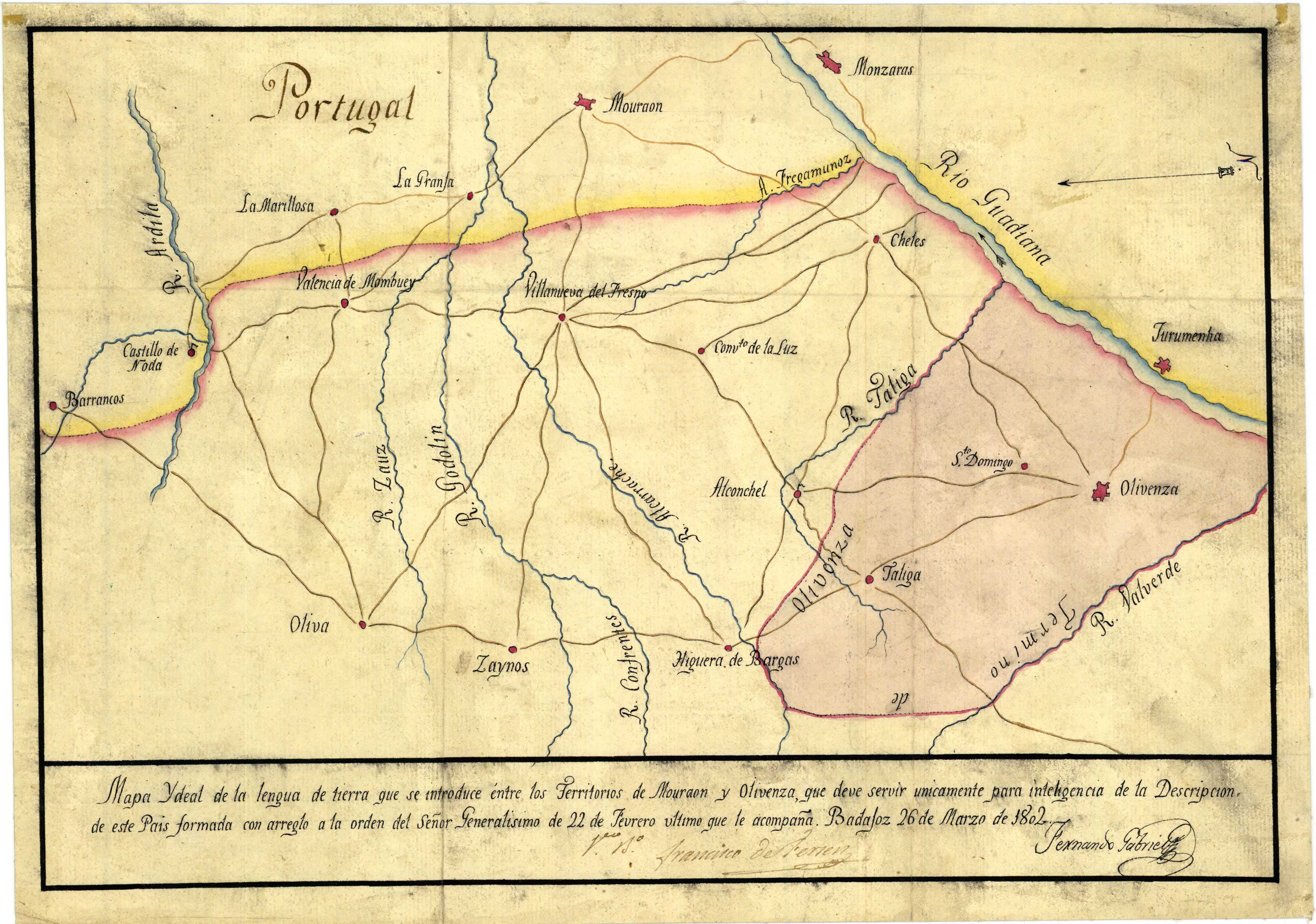 Mapa ydeal de la legua de tierra que se introduce entre los territorios de Mouraon y Olivenza [...]