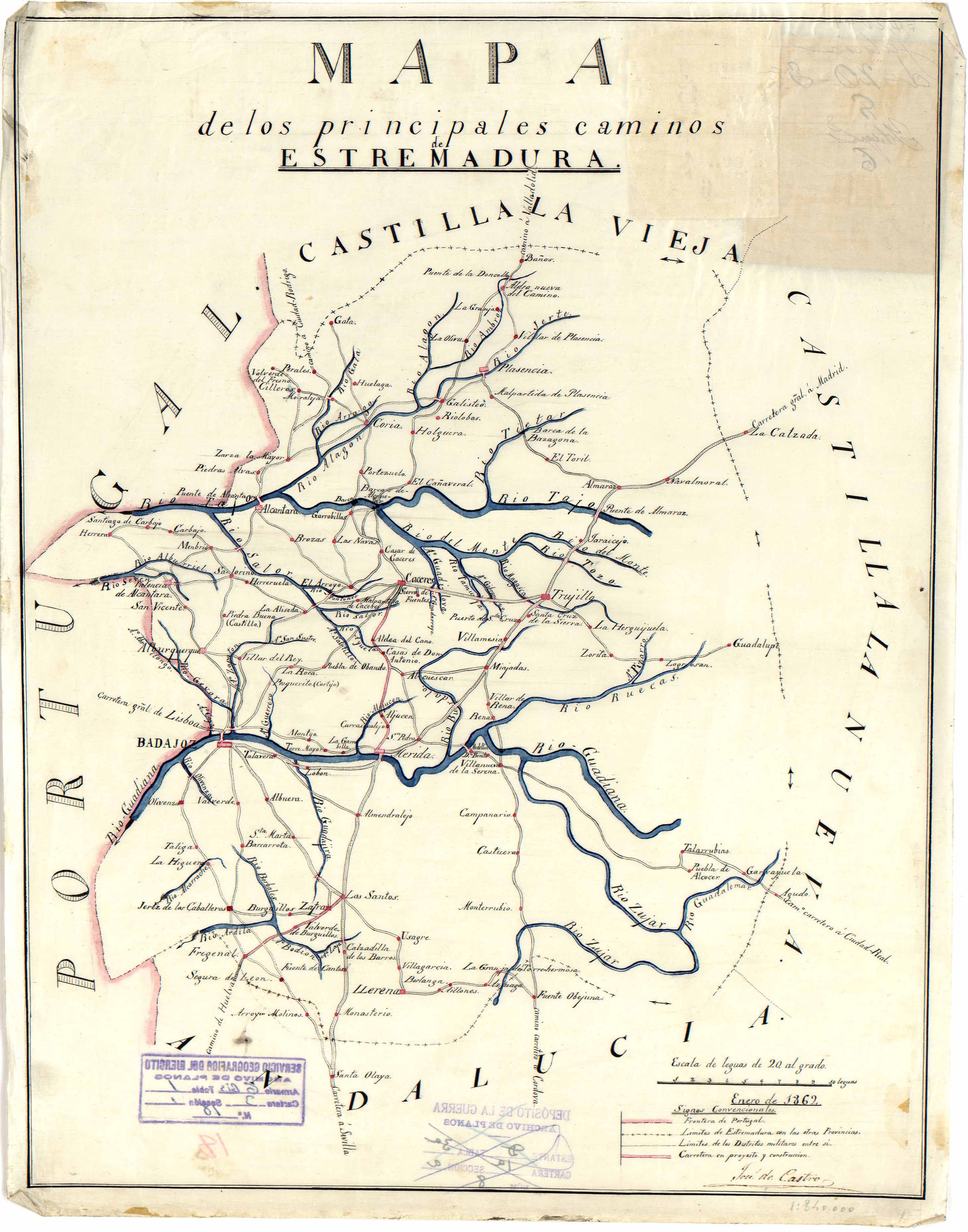 Mapa de los principales caminos de Estremadura