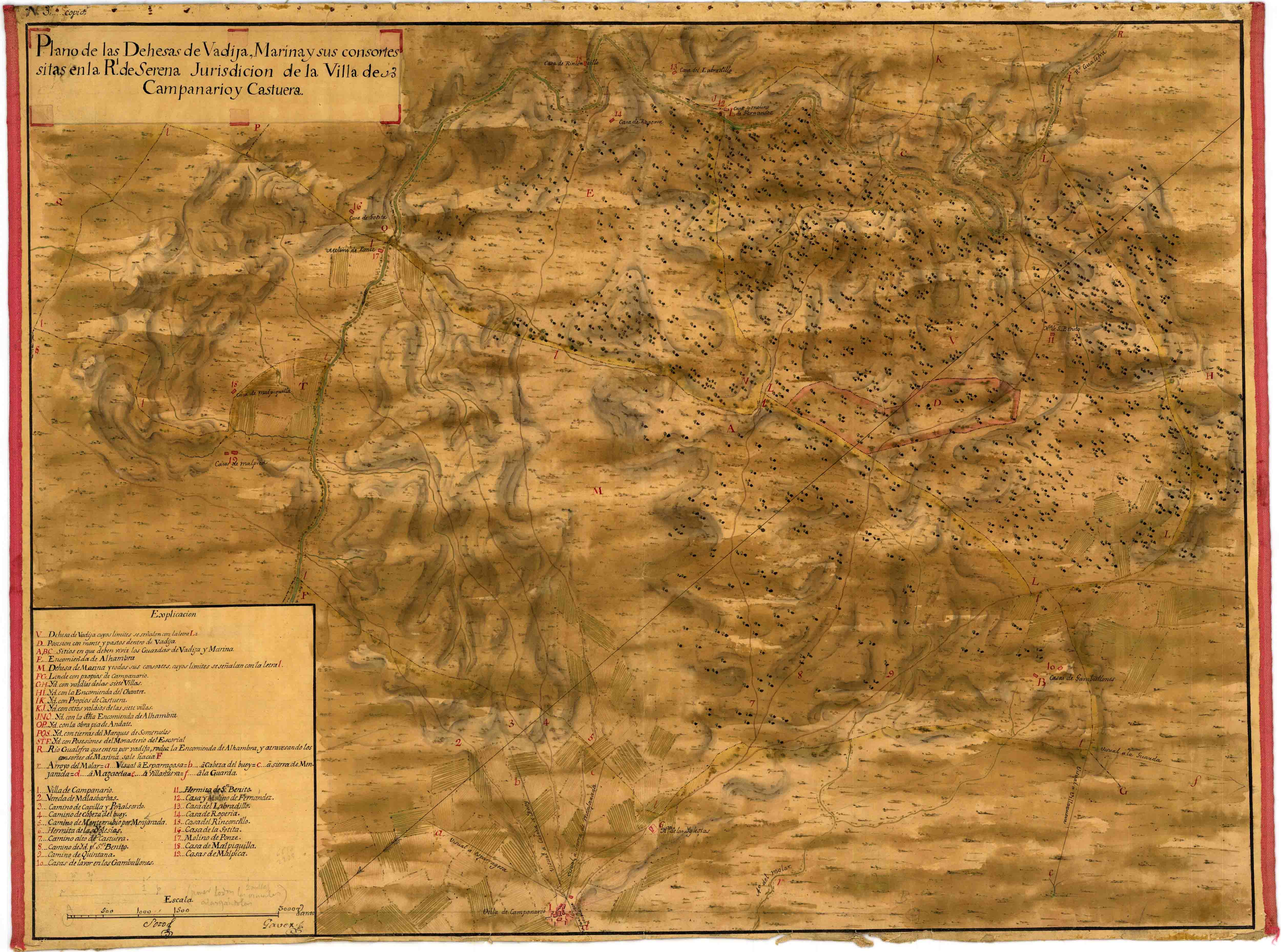 Plano de las Dehesas de Vadija, Marina y sus Consortes sitas en la Rl. de Serena [...]