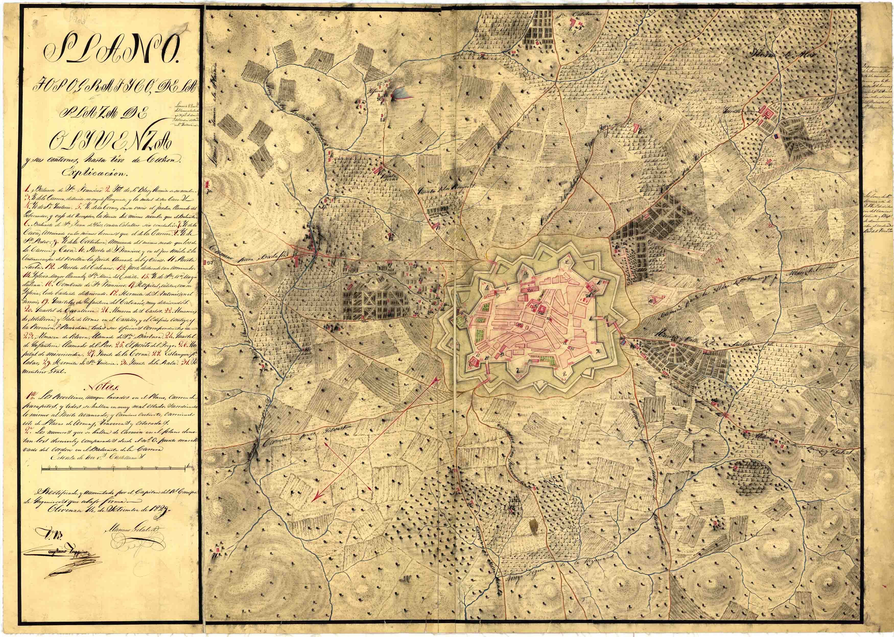 Plano topografico de la plaza de Olyvenza : y sus contornos, hasta tiro de Cañon